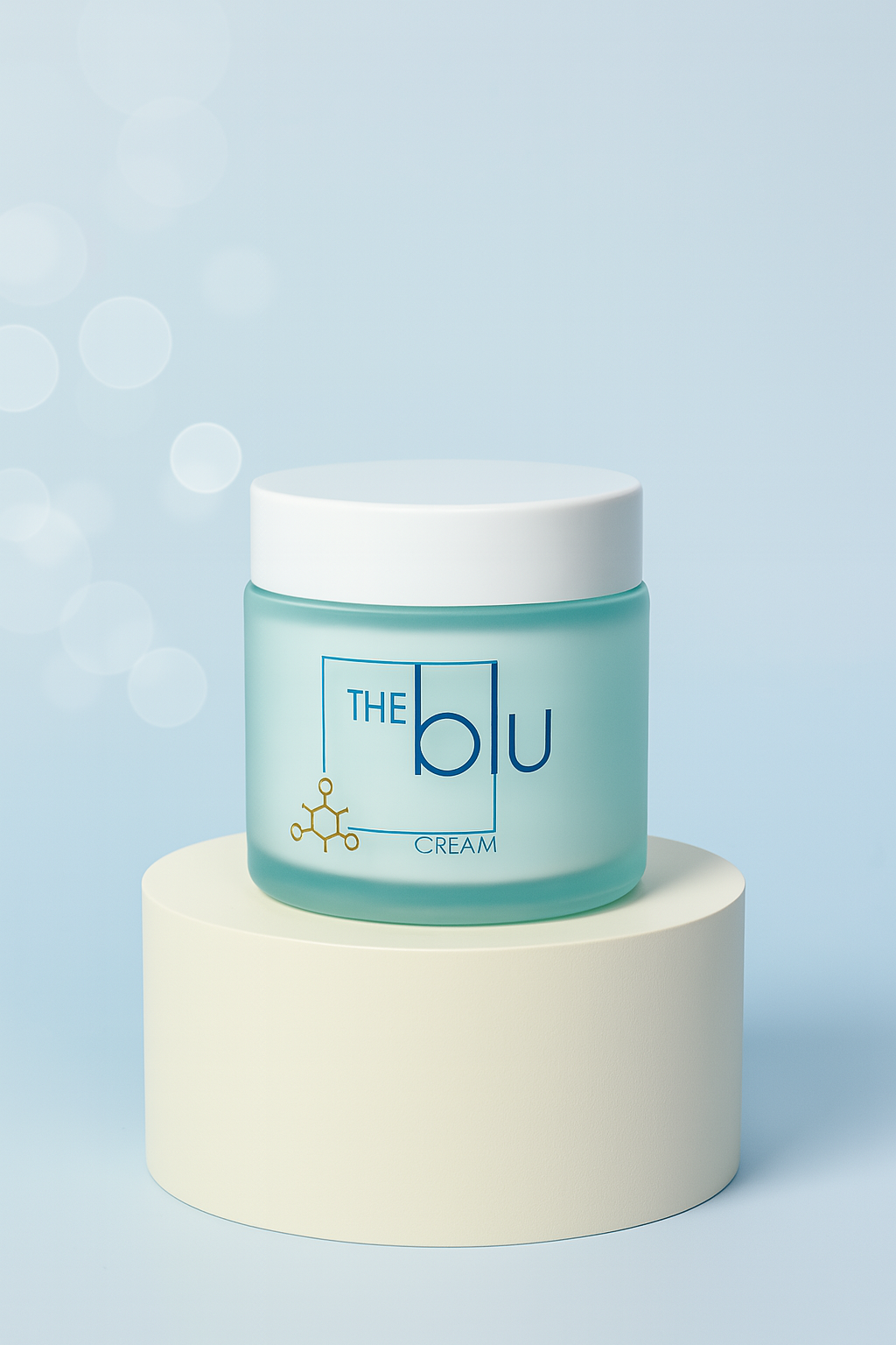 A blue frosted jar labeled The Blu Cream - Zinc, Copper, and Magnesium rests on a round cream pedestal against a soft blue background with light bokeh effects.